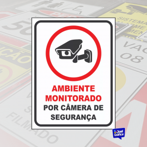Placa Ambiente Monitorado Por Câmeras De Segurança PVC 1mm Adesivado 20x15cm   Corte Reto 